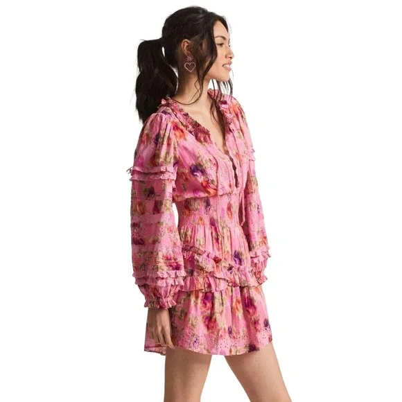 NWT LoveShackFancy Clarkie Mini Dress XS Pink Floral 100% Cotton Ruffle Smocked - Picture 5 of 11